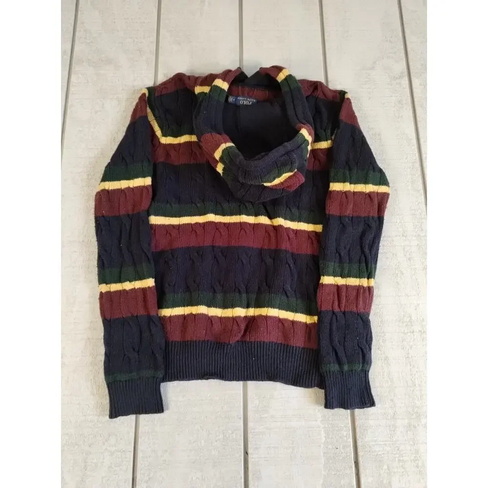 Polo Ralph Lauren St Andrews Rugby Cable Knit Hoodie Striped Sweater Men Size M
